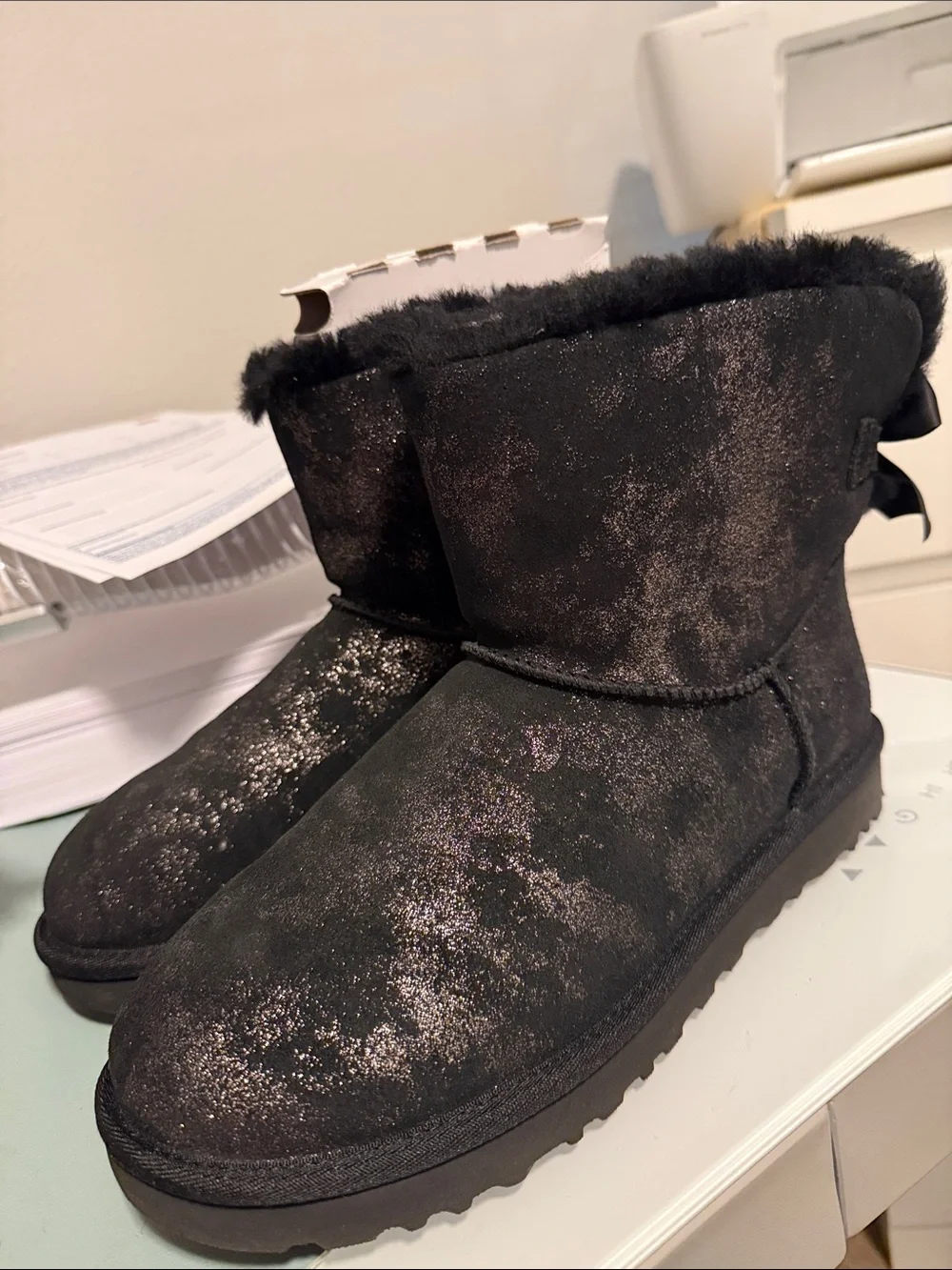Bailey Bow Black Sparkle Short Shearling Boots - Women